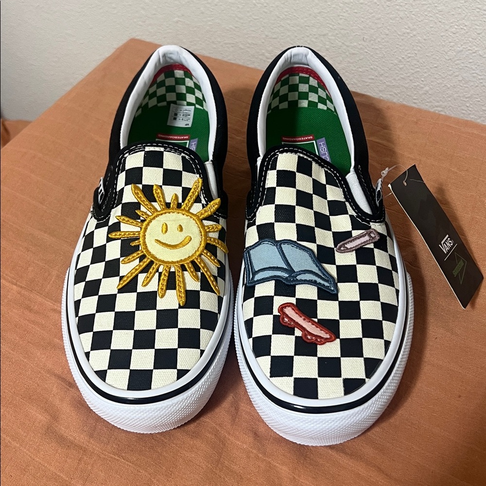 VANS Slip On Checkerboard Black and White Skateistan Patches PopCush size 8 Men